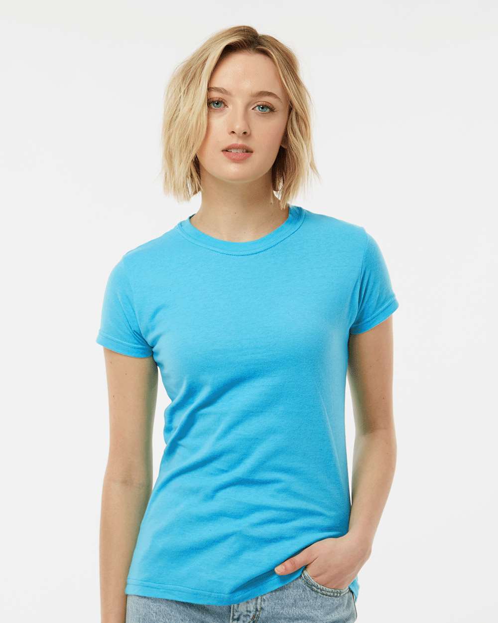 Women's Fine Jersey Slim Fit T-Shirt - OnModelFront - B20159042 - Aqua