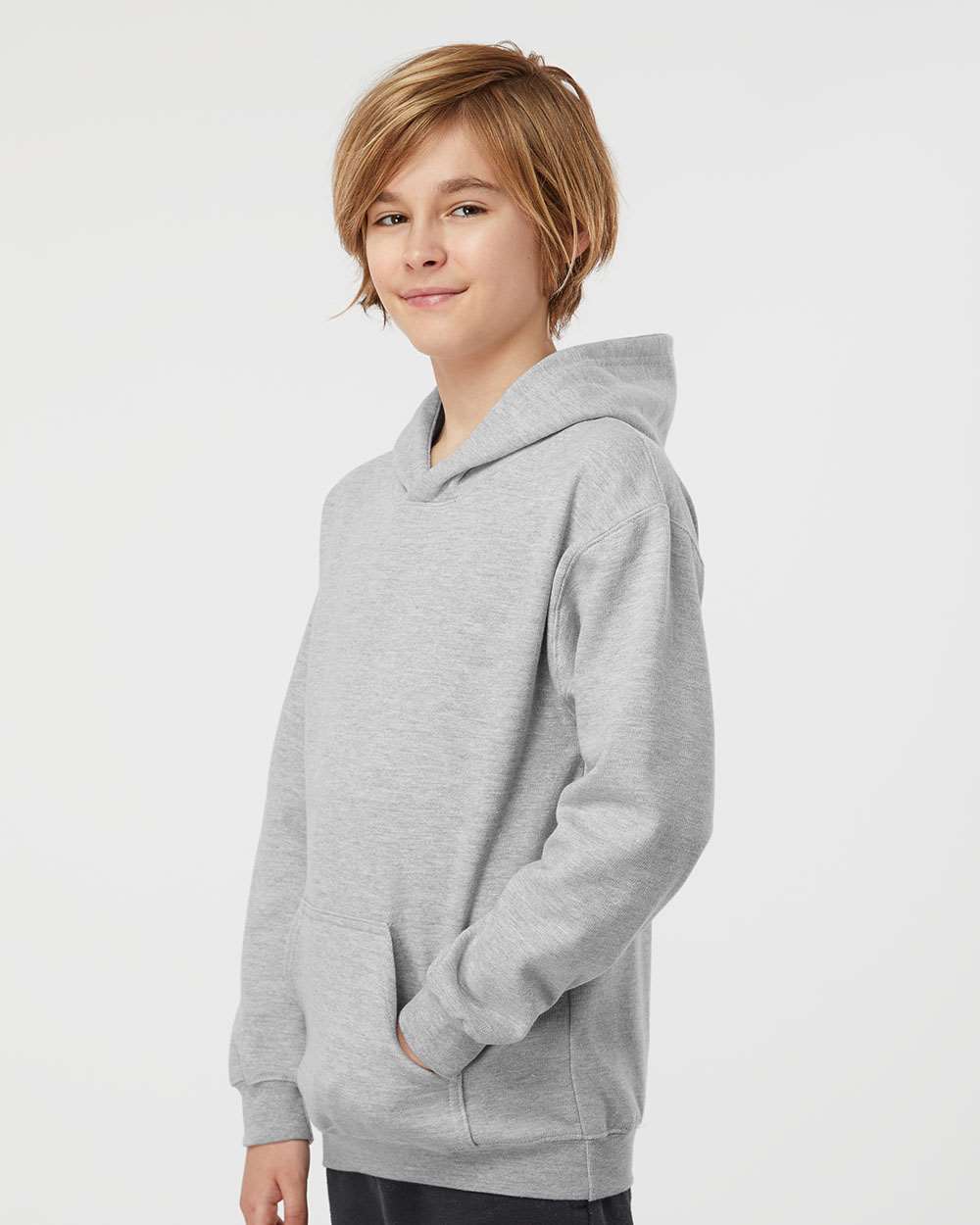 Youth Hooded Sweatshirt - OnModelSide - B40259092 - Heather Grey