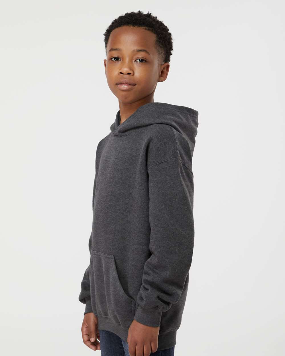 Youth Hooded Sweatshirt - OnModelSide - B40259102 - Heather Charcoal