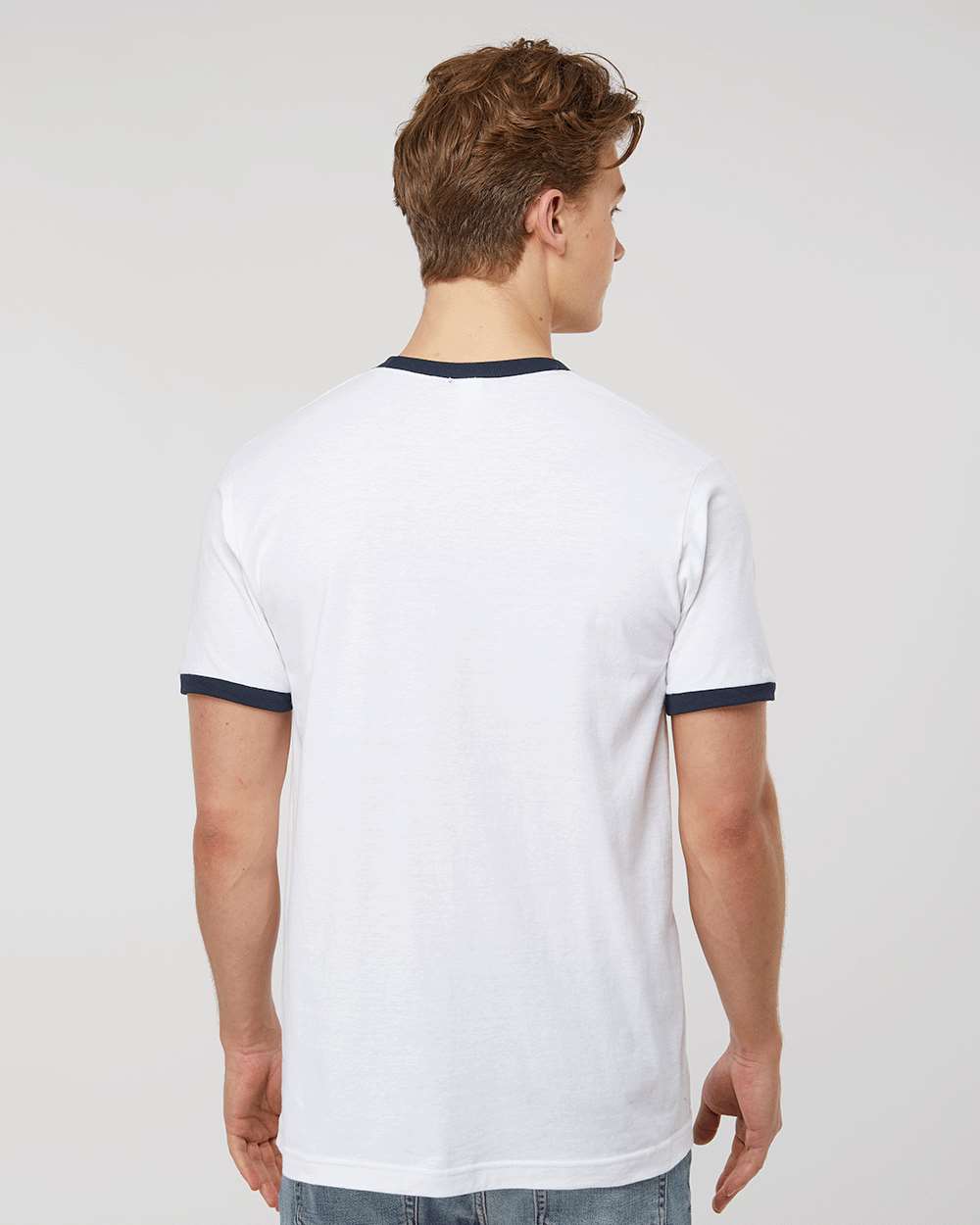 Unisex Fine Jersey Ringer T-Shirt - OnModelBack - B30459142 - White/ Navy