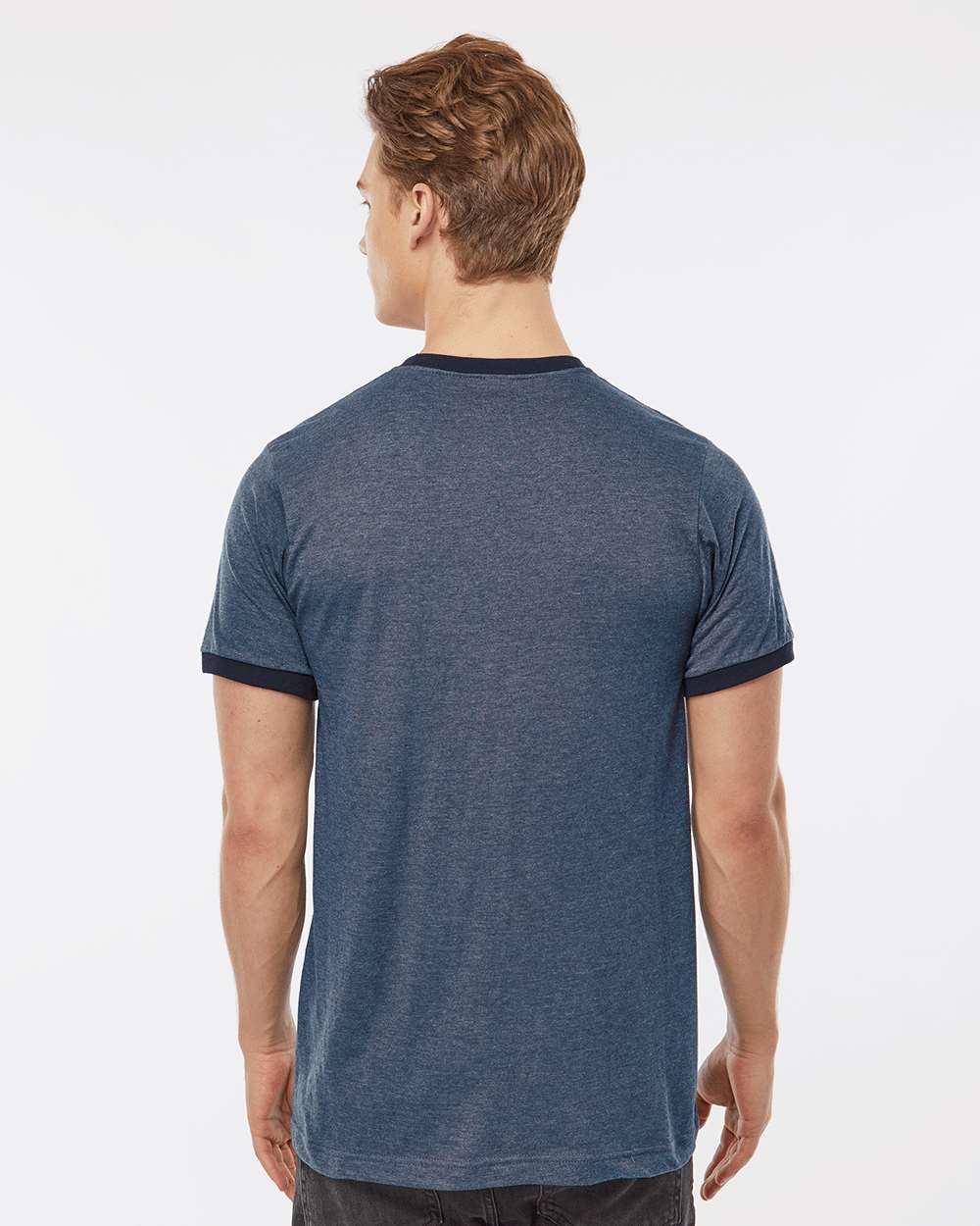 Unisex Fine Jersey Ringer T-Shirt - OnModelBack - B30459652 - Heather Denim/ Navy