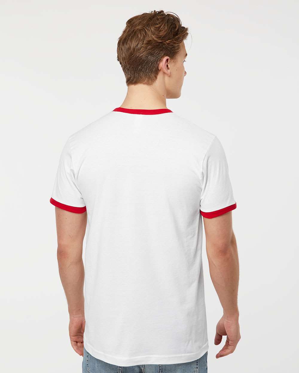 Unisex Fine Jersey Ringer T-Shirt - OnModelBack - B30459702 - White/ Red