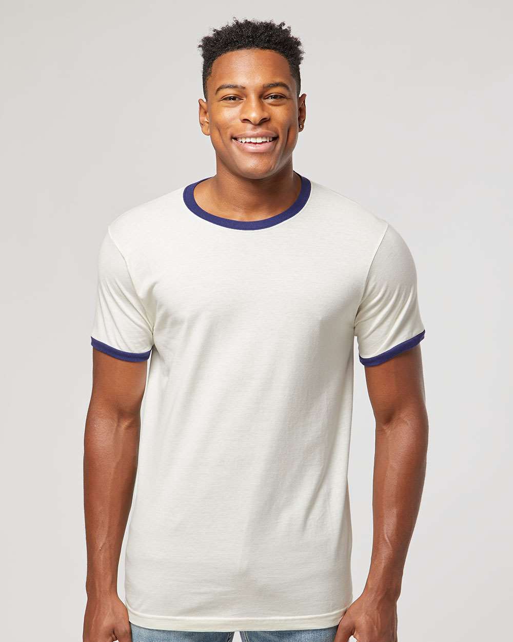 Unisex Fine Jersey Ringer T-Shirt - OnModelFront - B30459112 - Vintage White/ Inked India