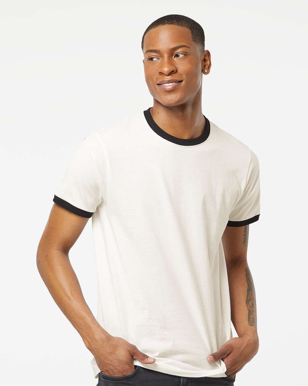 Unisex Fine Jersey Ringer T-Shirt - OnModelFront - B30459502 - Vintage White/ Black