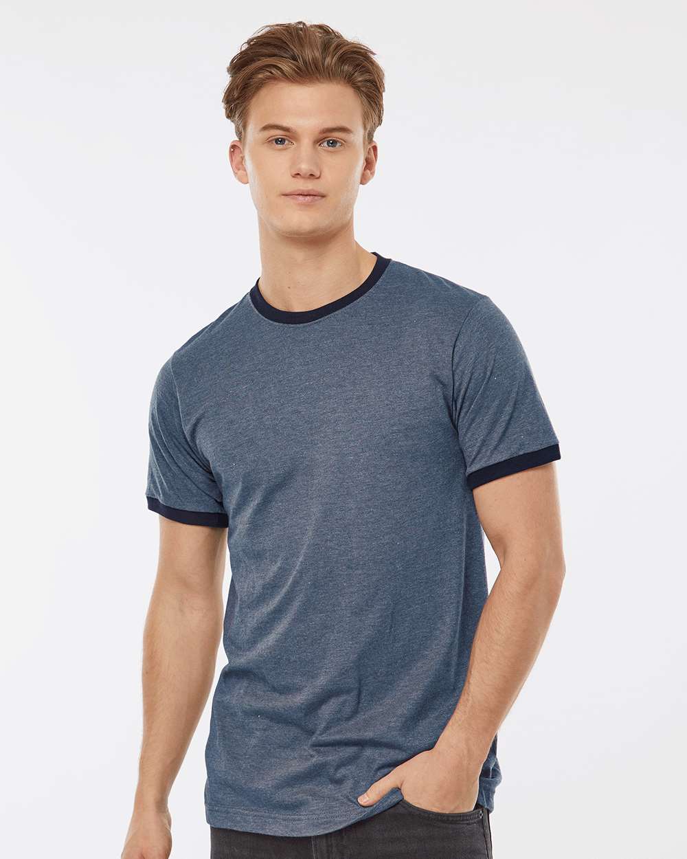 Unisex Fine Jersey Ringer T-Shirt - OnModelFront - B30459652 - Heather Denim/ Navy