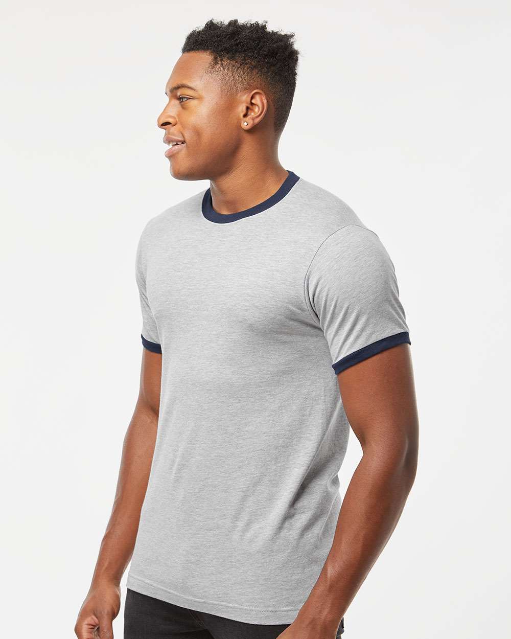 Unisex Fine Jersey Ringer T-Shirt - OnModelSide - B30459102 - Heather Grey/ Navy