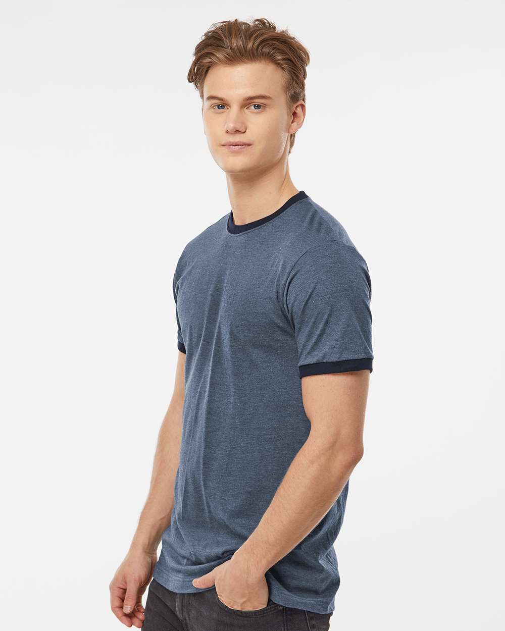 Unisex Fine Jersey Ringer T-Shirt - OnModelSide - B30459652 - Heather Denim/ Navy