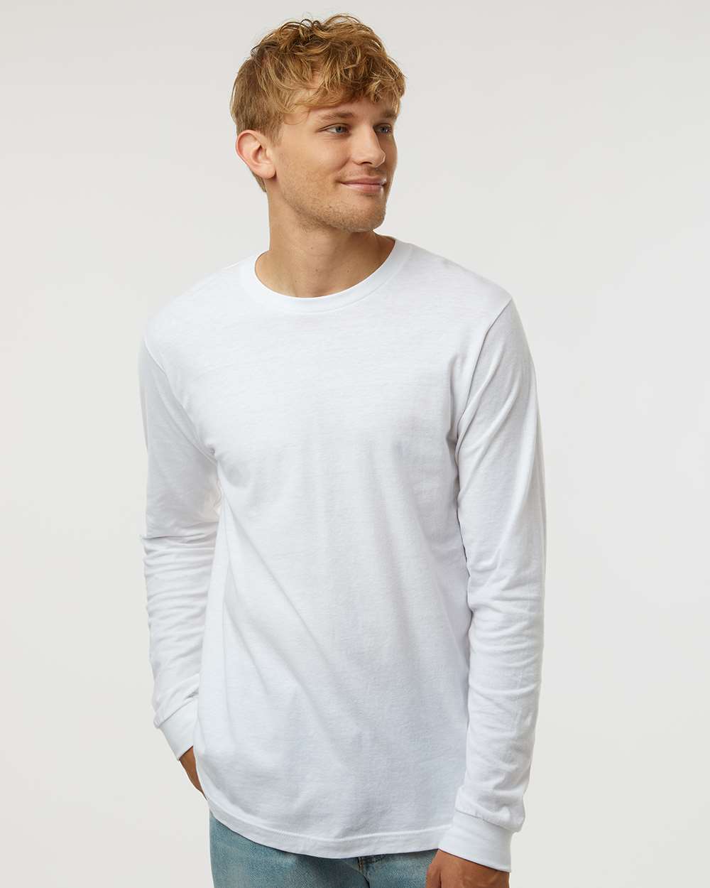 Unisex Fine Jersey Long Sleeve T-Shirt - OnModelFront - B00059002 - White