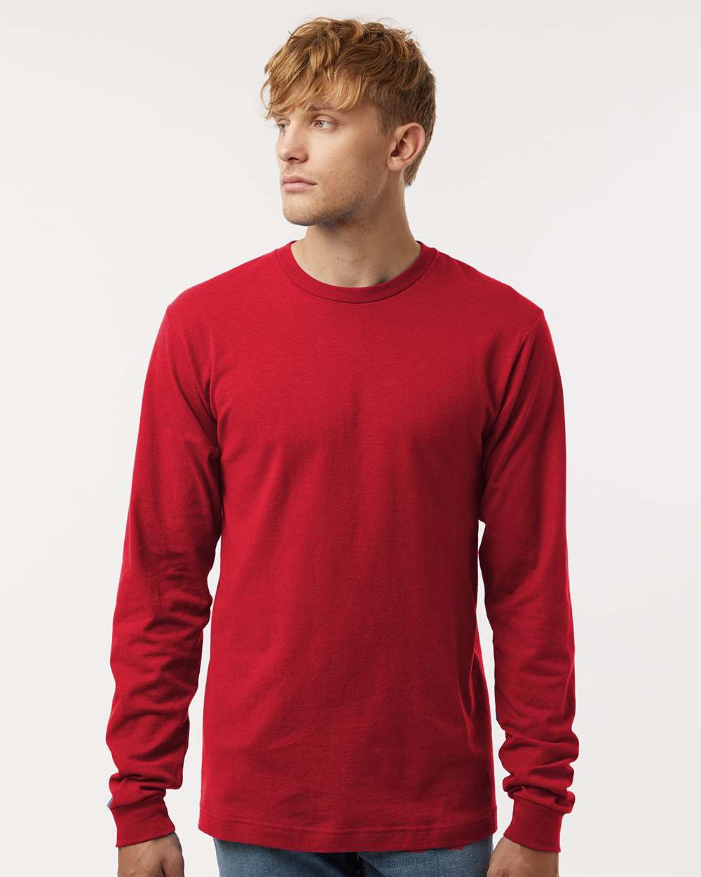 Unisex Fine Jersey Long Sleeve T-Shirt - OnModelFront - B00059322 - Red