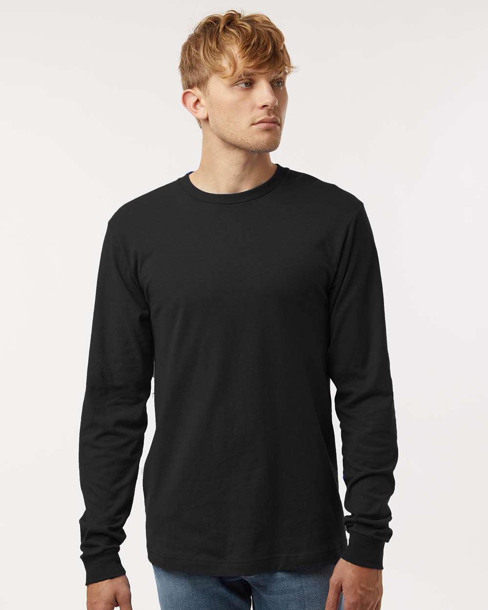 Unisex Fine Jersey Long Sleeve T-Shirt - OnModelFront - B00059502 - Black