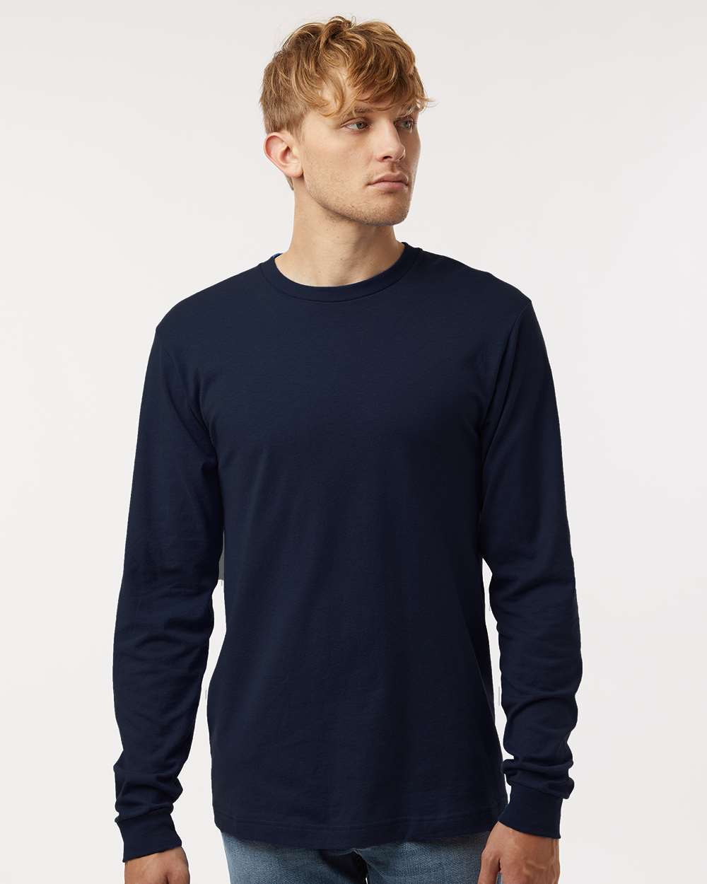 Unisex Fine Jersey Long Sleeve T-Shirt - OnModelFront - B00059652 - Navy