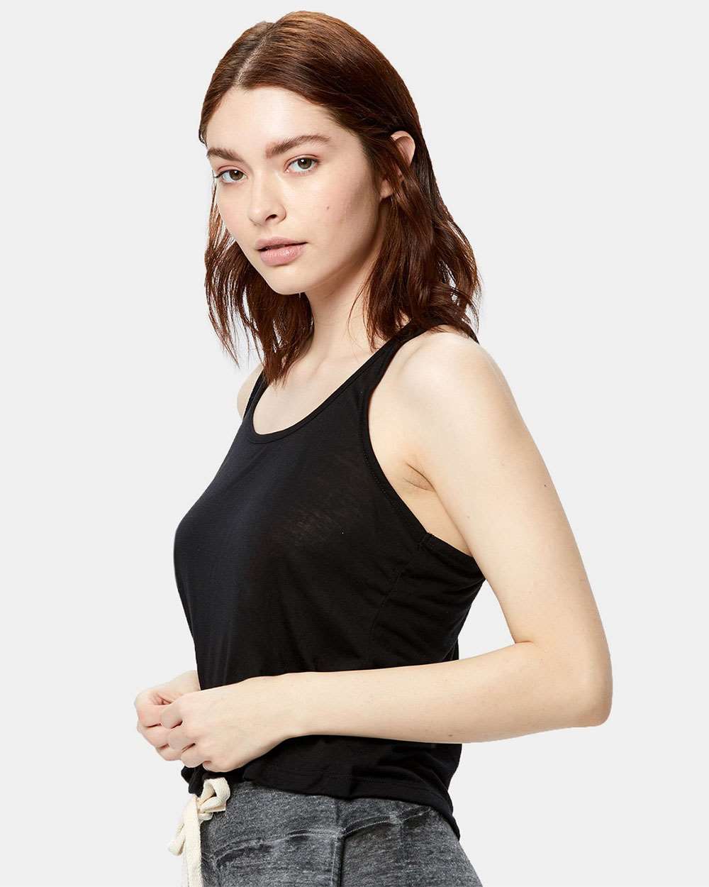 Women's Sheer Cropped Racer Tank Top - OnModelSide - B11173506 - Black