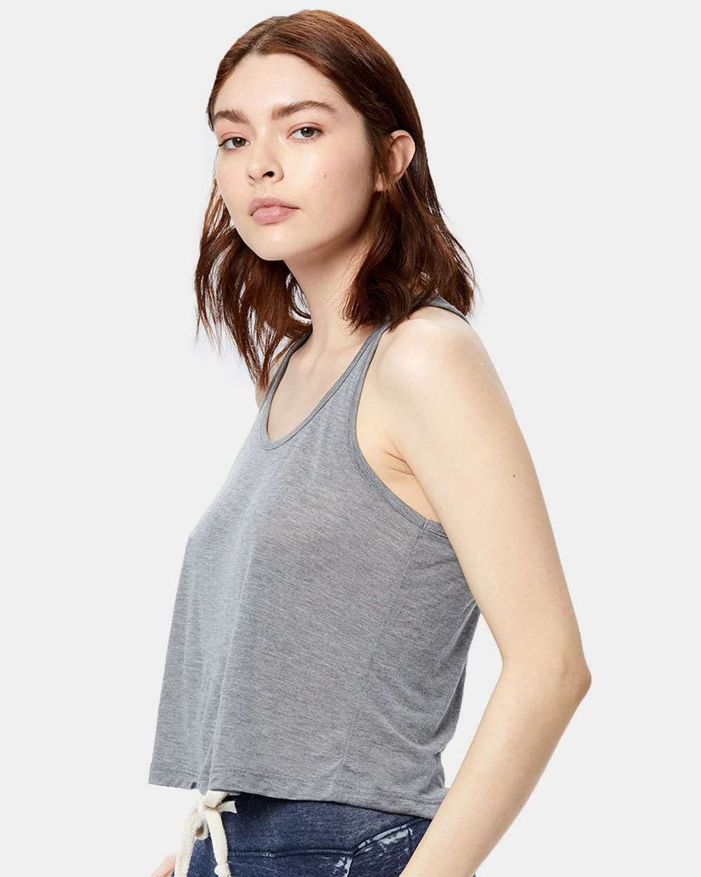 Women's Sheer Cropped Racer Tank Top - OnModelSide - B11173594 - Heather Grey