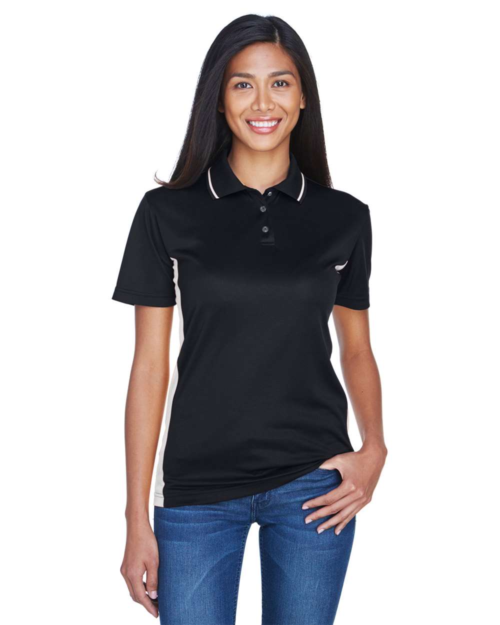 Women's Cool & Dry Sport Two-Tone Polo - OnModelFront - B902E1102 - Black/ Stone