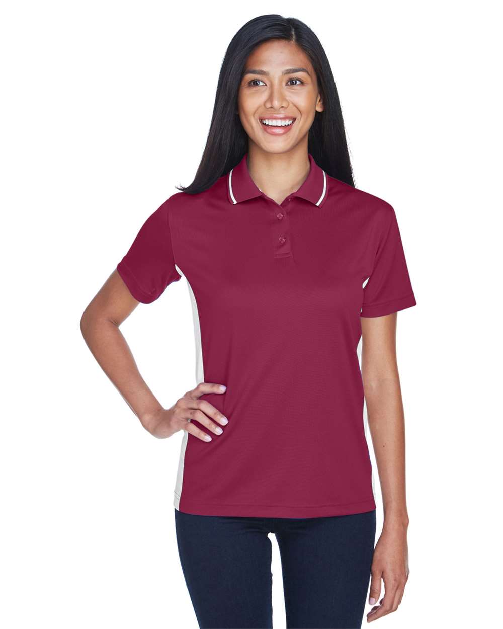 Women's Cool & Dry Sport Two-Tone Polo - OnModelFront - B902E1532 - Maroon/ White