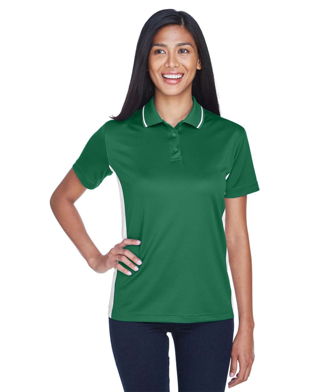 Women's Cool & Dry Sport Two-Tone Polo - OnModelFront - B902E1542 - Forest Green/ White