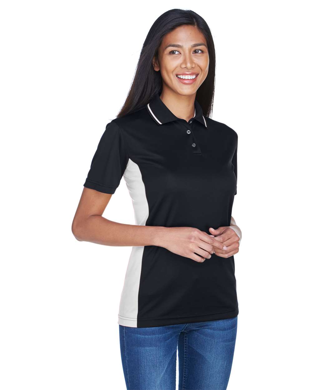 Women's Cool & Dry Sport Two-Tone Polo - OnModelSide - B902E1102 - Black/ Stone