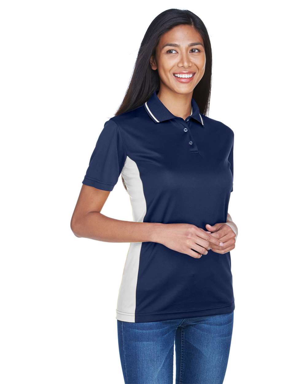 Women's Cool & Dry Sport Two-Tone Polo - OnModelSide - B902E1113 - Navy/ White