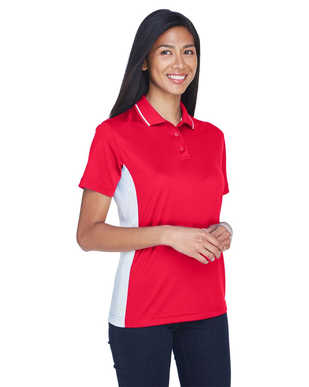 Women's Cool & Dry Sport Two-Tone Polo - OnModelSide - B902E1122 - Red/ White