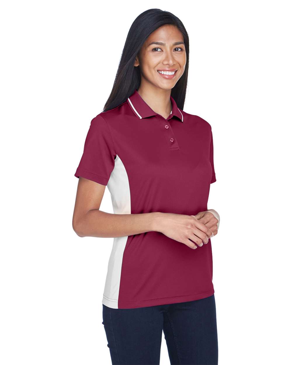 Women's Cool & Dry Sport Two-Tone Polo - OnModelSide - B902E1532 - Maroon/ White