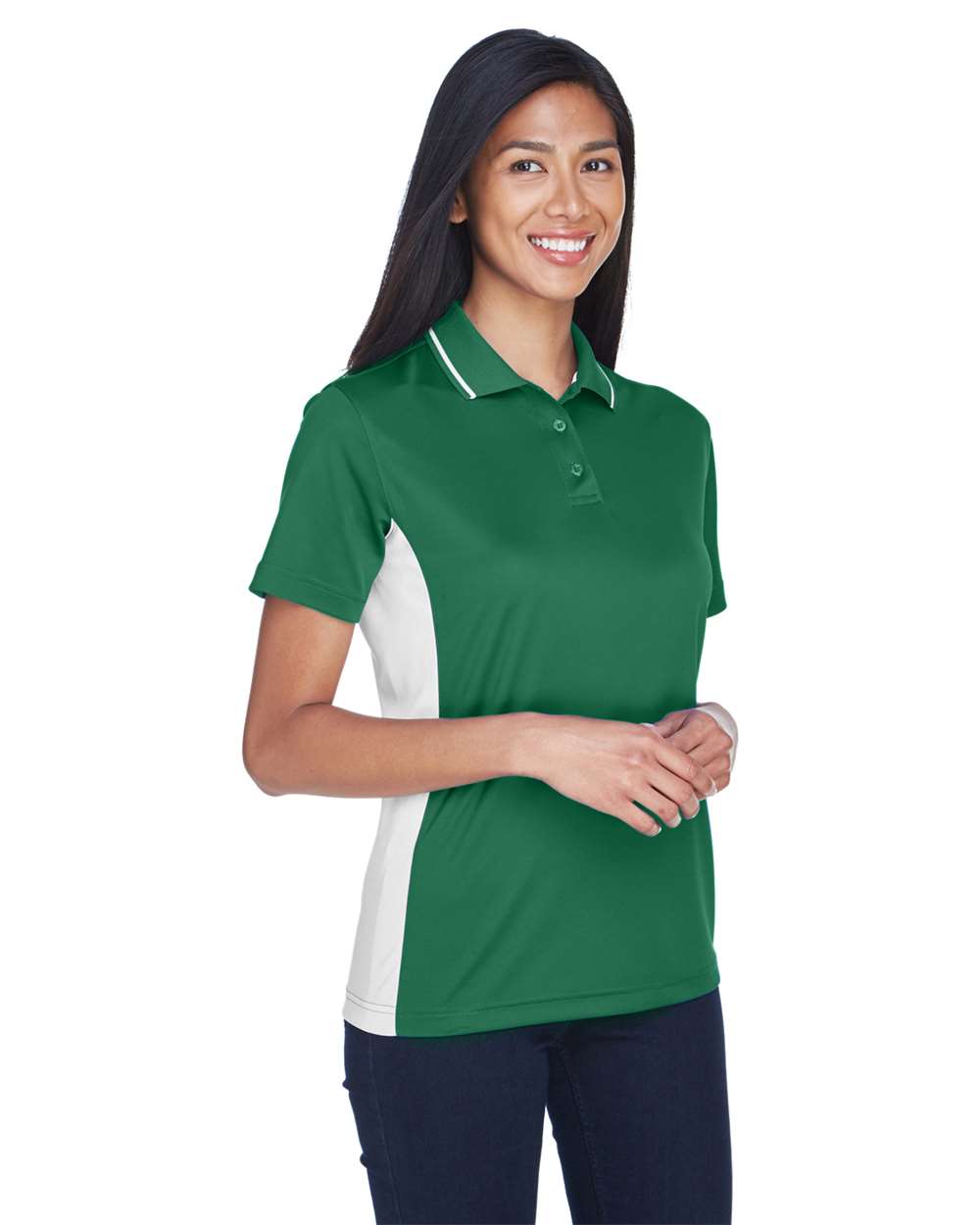 Women's Cool & Dry Sport Two-Tone Polo - OnModelSide - B902E1542 - Forest Green/ White