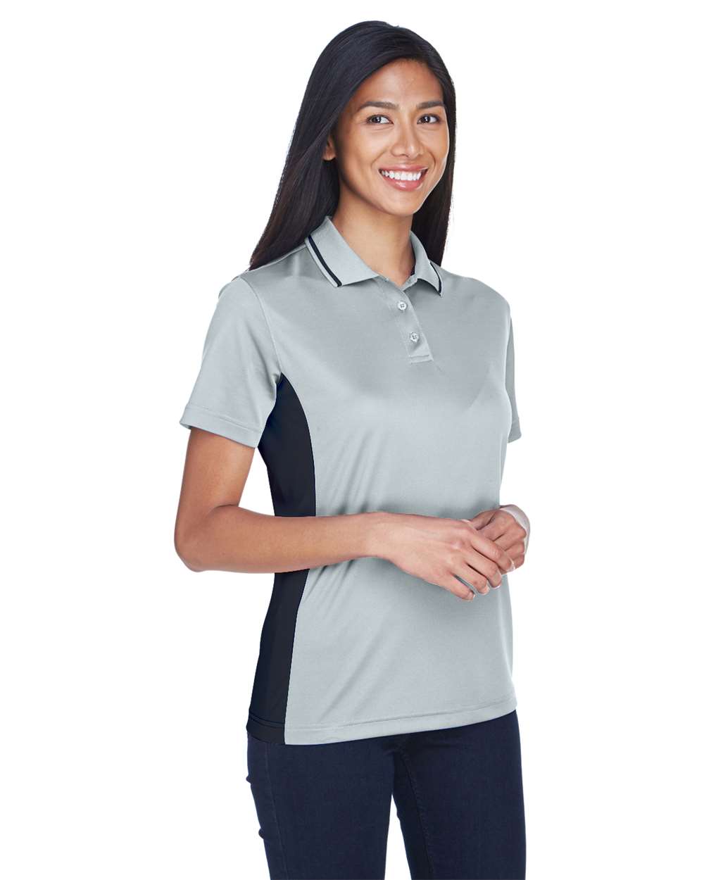 Women's Cool & Dry Sport Two-Tone Polo - OnModelSide - B902E1592 - Grey/ Black