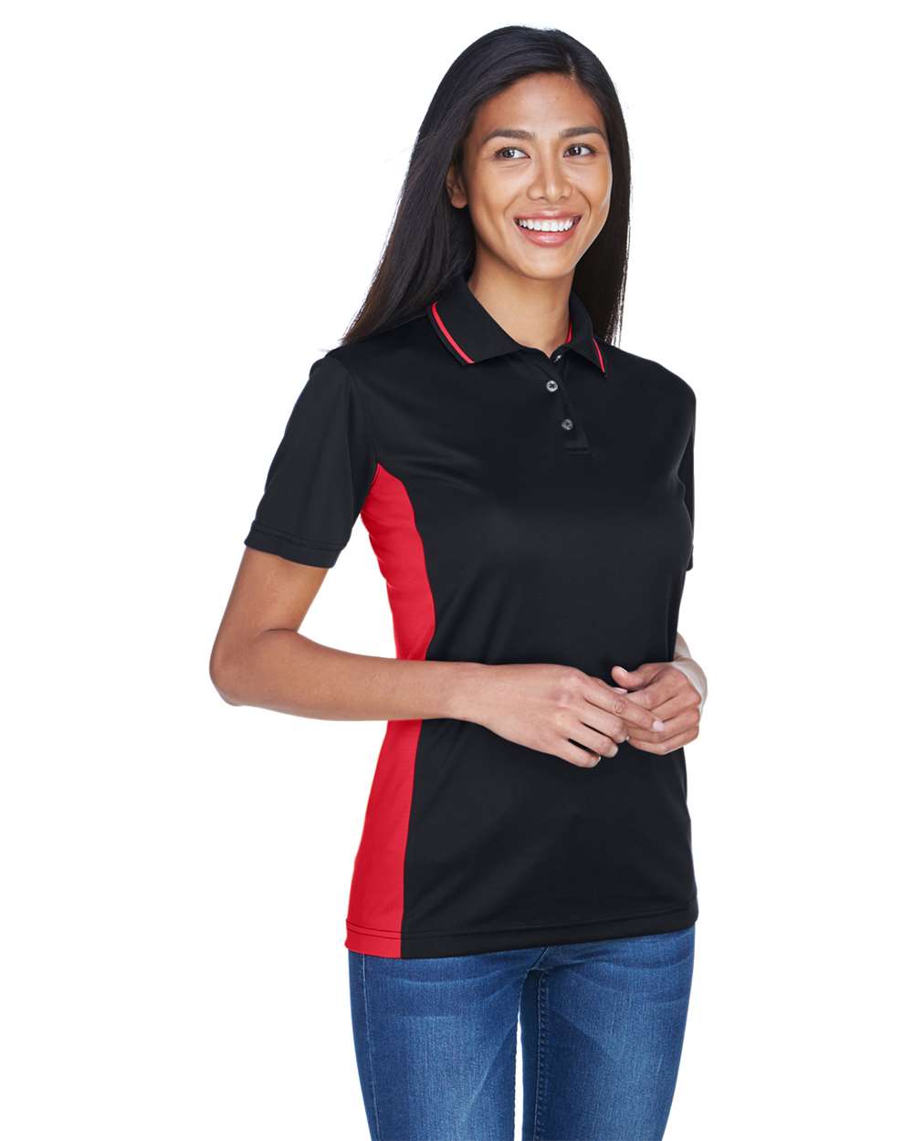 Women's Cool & Dry Sport Two-Tone Polo - OnModelSide - B902E1702 - Black/ Red