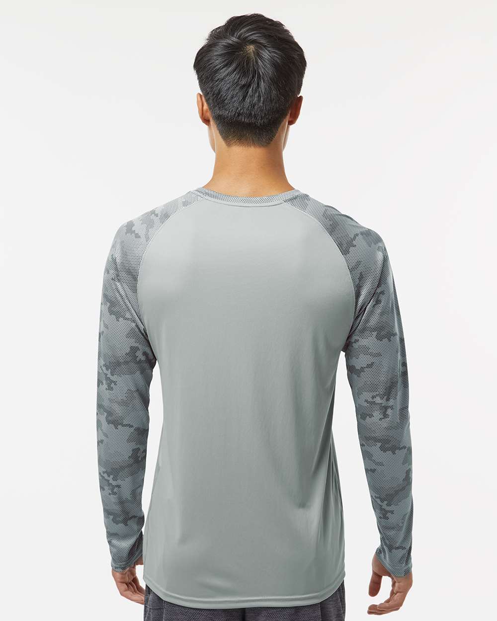 Unisex Cayman Performance Camo Colorblocked Long Sleeve T-Shirt - OnModelBack - B10371092 - Medium Grey
