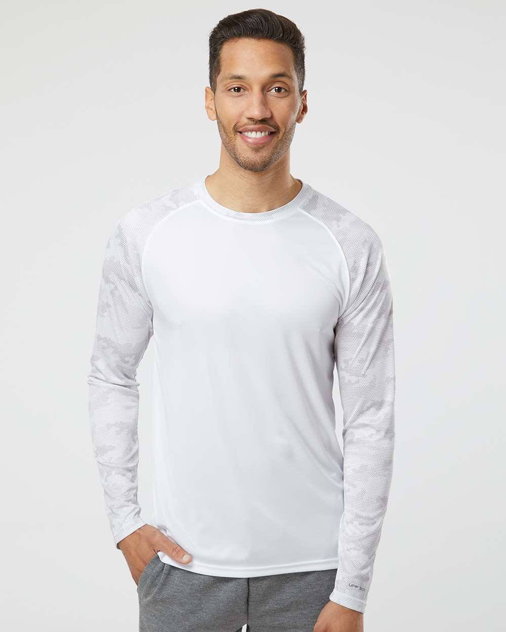 Unisex Cayman Performance Camo Colorblocked Long Sleeve T-Shirt - OnModelFront - B10371002 - White