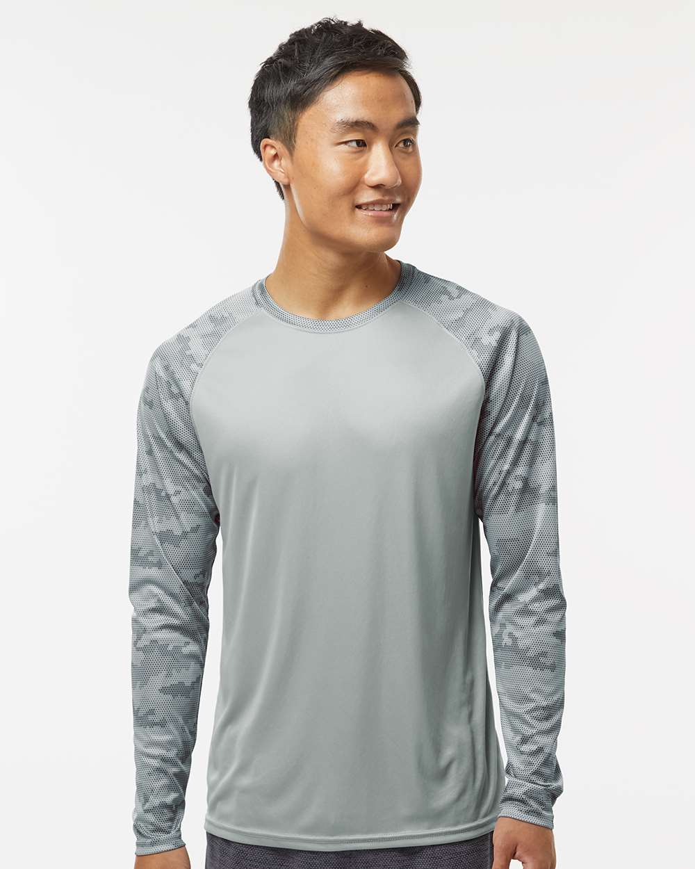 Unisex Cayman Performance Camo Colorblocked Long Sleeve T-Shirt - OnModelFront - B10371092 - Medium Grey