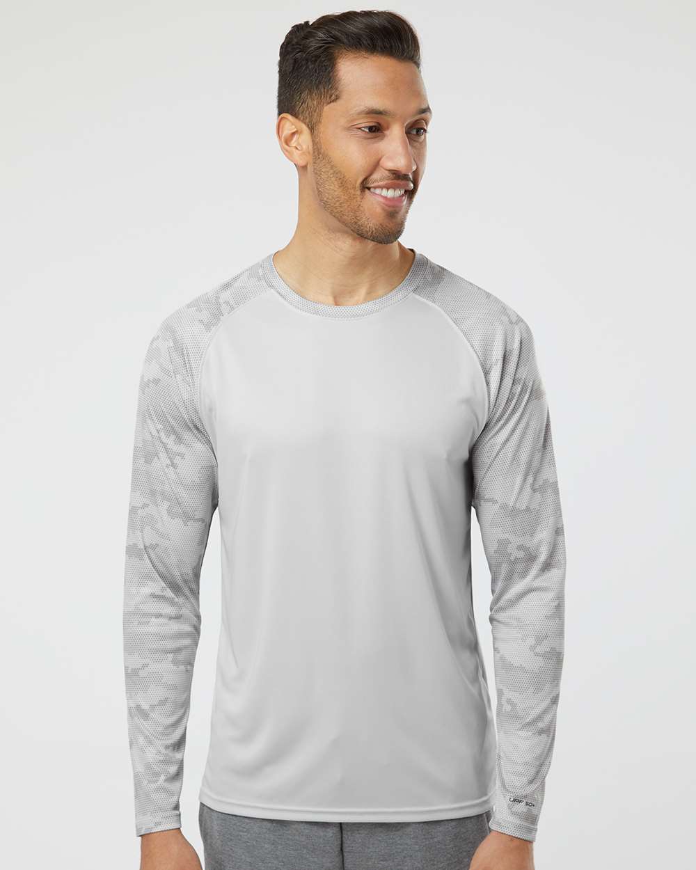 Unisex Cayman Performance Camo Colorblocked Long Sleeve T-Shirt - OnModelFront - B10371352 - Aluminum