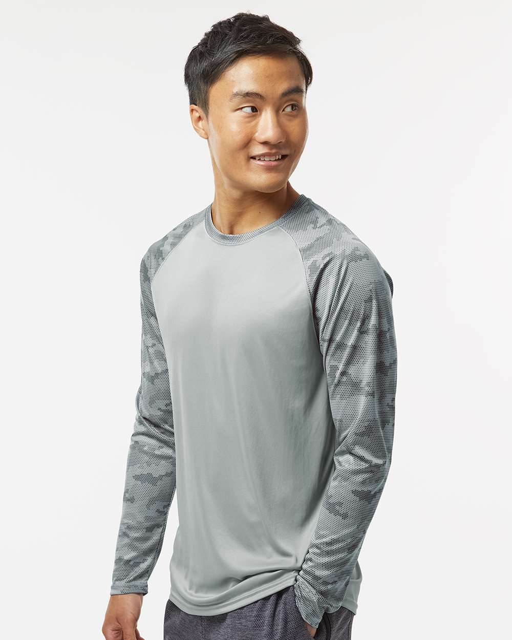 Unisex Cayman Performance Camo Colorblocked Long Sleeve T-Shirt - OnModelSide - B10371092 - Medium Grey