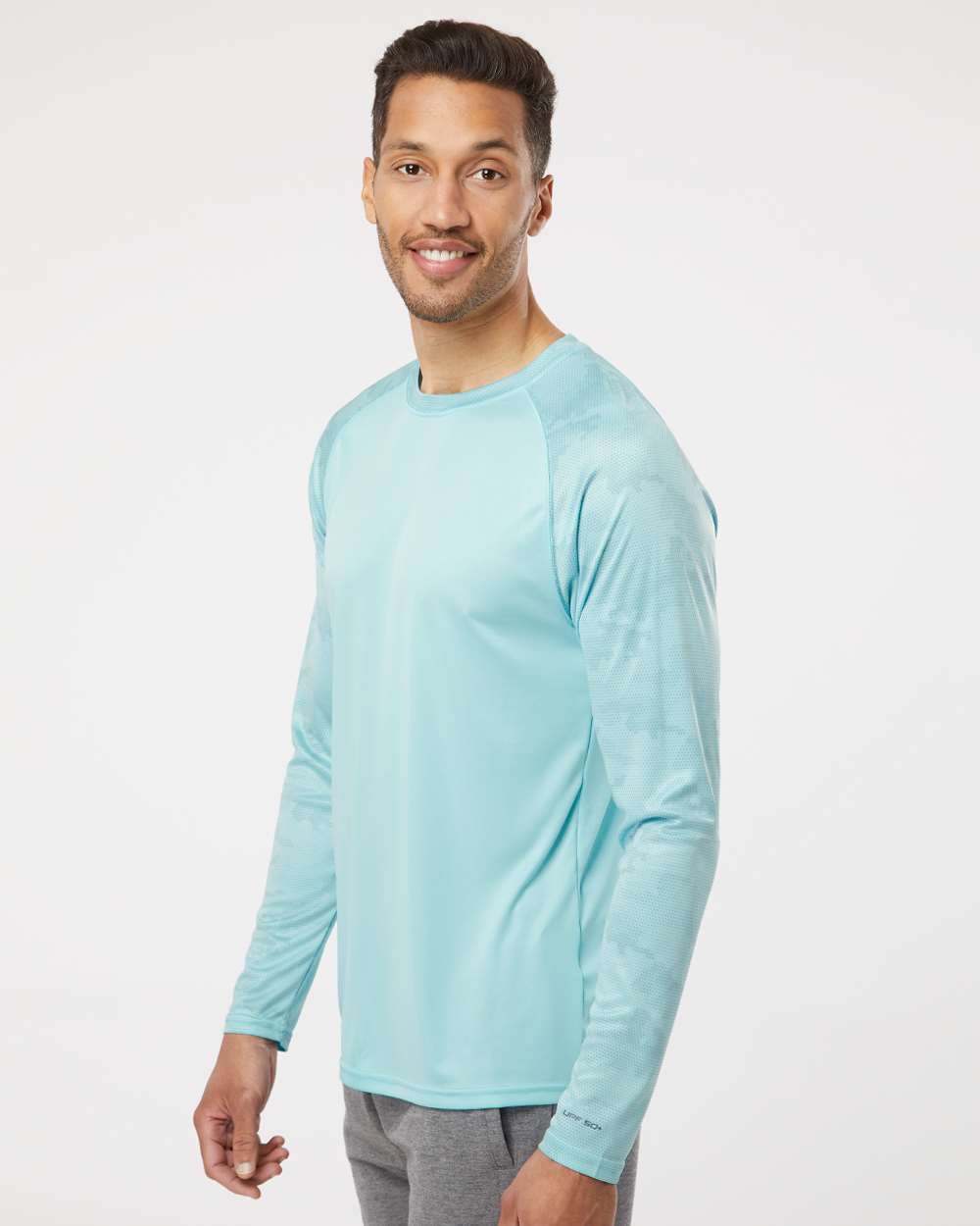 Unisex Cayman Performance Camo Colorblocked Long Sleeve T-Shirt - OnModelSide - B10371172 - Aqua Blue