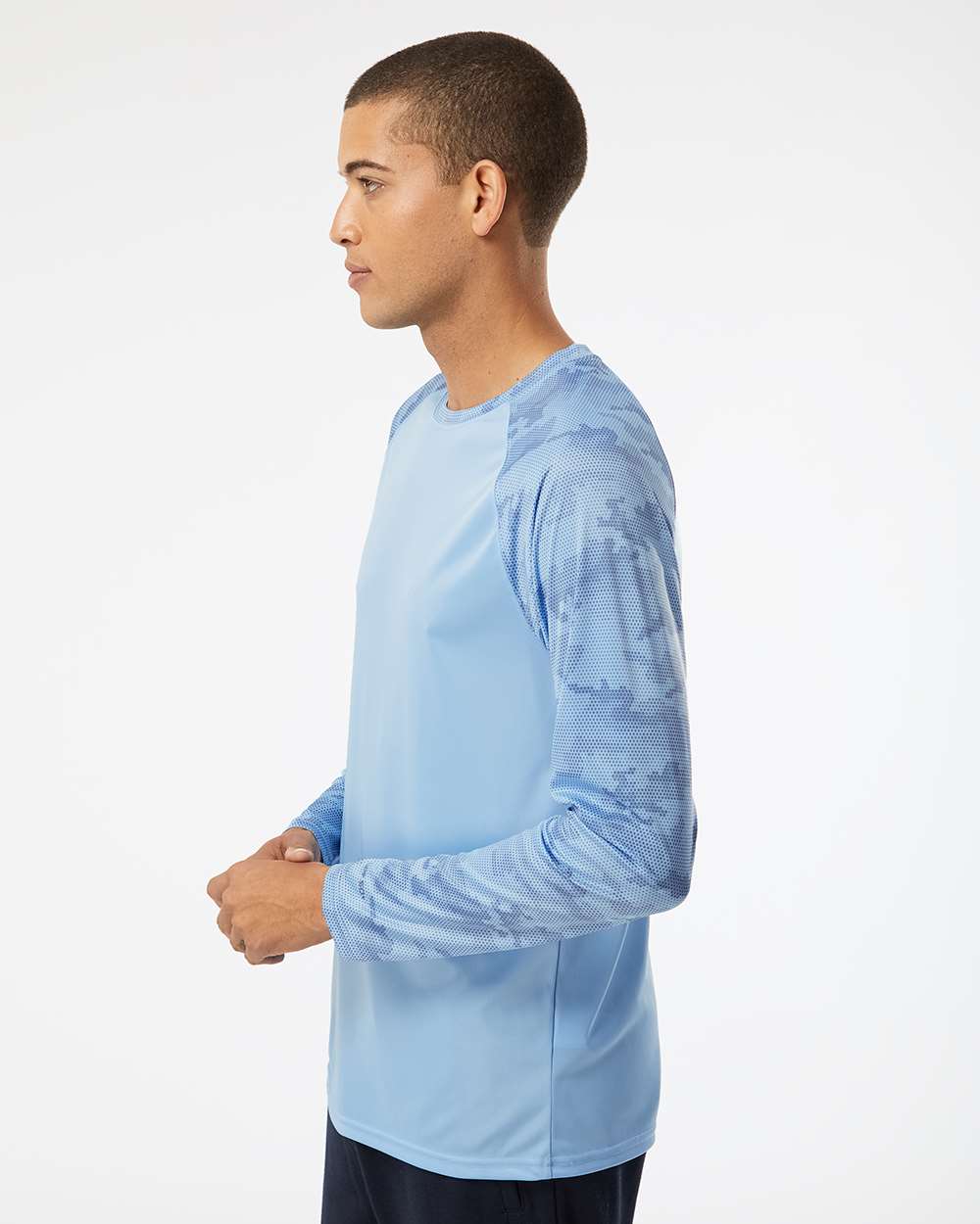 Unisex Cayman Performance Camo Colorblocked Long Sleeve T-Shirt - OnModelSide - B10371262 - Blue Mist