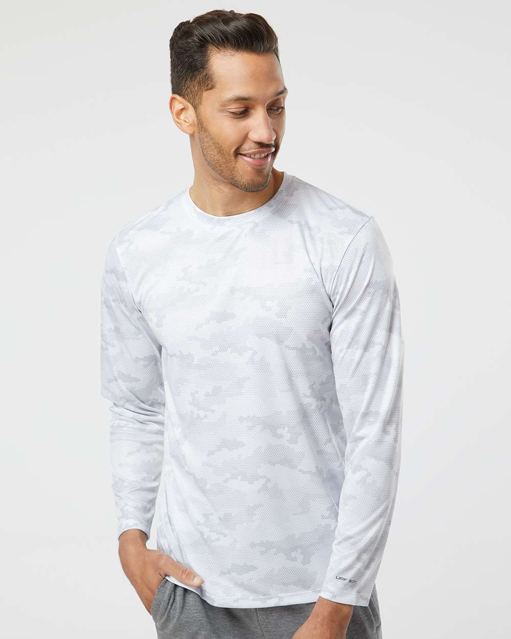 Unisex Pompano Performance Camo Long Sleeve T-Shirt - OnModelFront - B10471002 - White