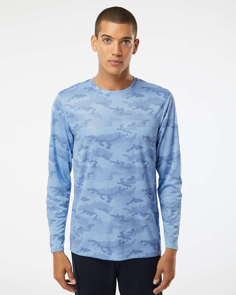 Unisex Pompano Performance Camo Long Sleeve T-Shirt - OnModelFront - B10471262 - Blue Mist