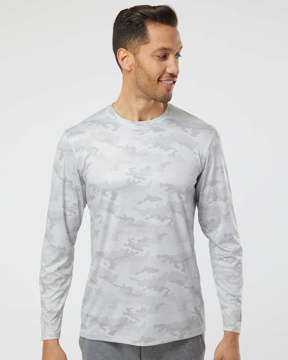 Unisex Pompano Performance Camo Long Sleeve T-Shirt - OnModelFront - B10471352 - Aluminum