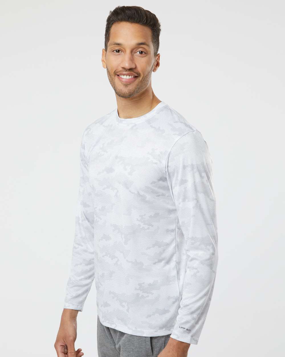 Unisex Pompano Performance Camo Long Sleeve T-Shirt - OnModelSide - B10471002 - White
