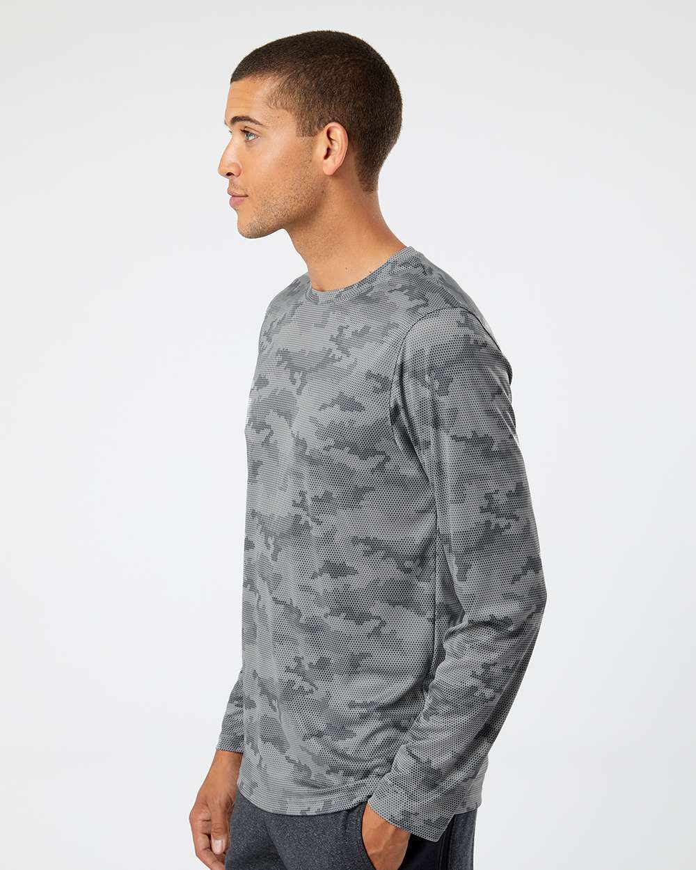 Unisex Pompano Performance Camo Long Sleeve T-Shirt - OnModelSide - B10471092 - Medium Grey