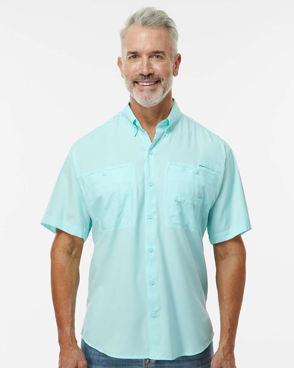 Men's Hatteras Performance Short Sleeve Fishing Shirt - OnModelFront - B15771173 - Aqua Blue