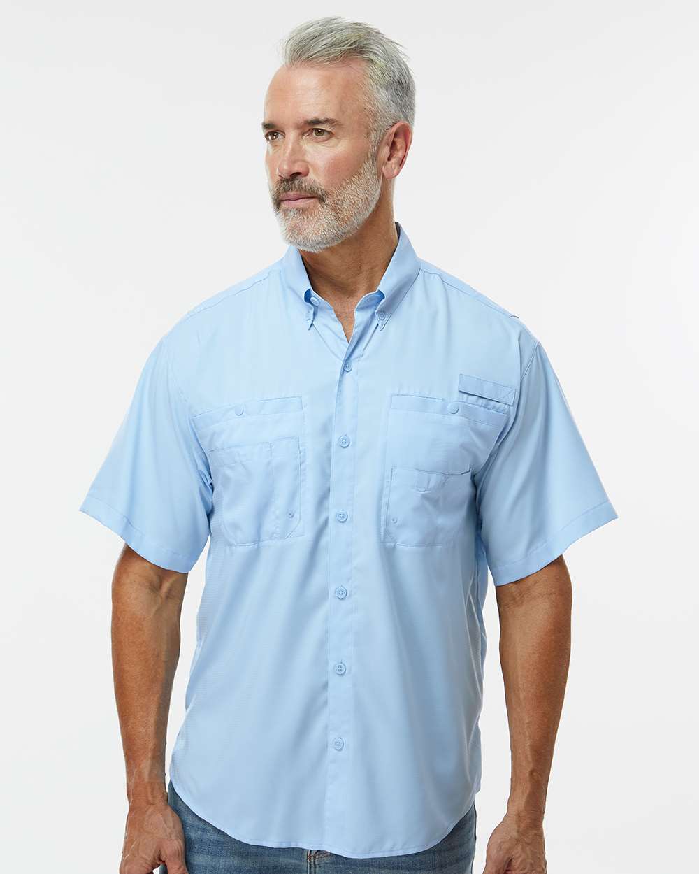 Men's Hatteras Performance Short Sleeve Fishing Shirt - OnModelFront - B15771253 - Blue Mist