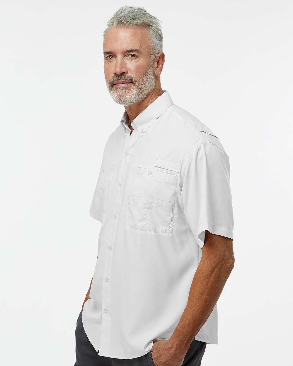 Men's Hatteras Performance Short Sleeve Fishing Shirt - OnModelSide - B15771093 - Aluminum