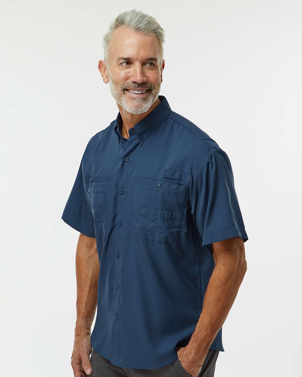 Men's Hatteras Performance Short Sleeve Fishing Shirt - OnModelSide - B15771653 - Navy