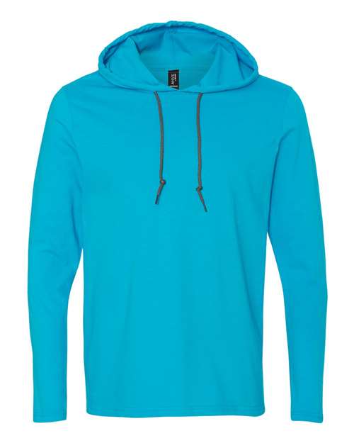Softstyle® Lightweight Hooded Long Sleeve T-Shirt - Front - B50960977 - Caribbean Blue/ Dark Grey