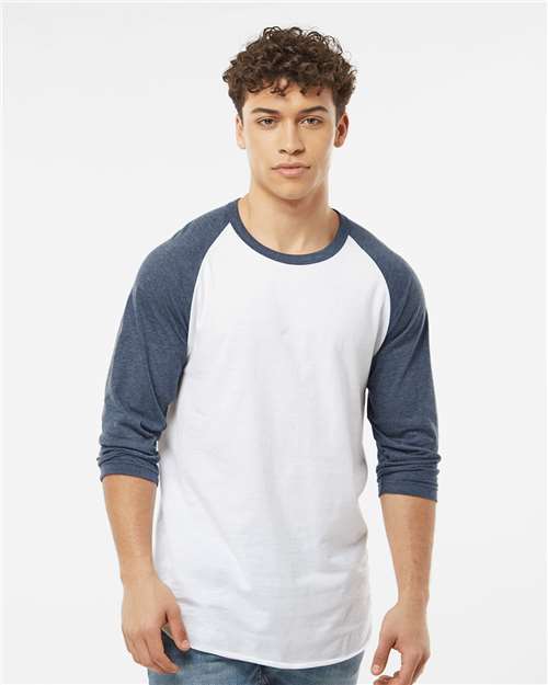 Fine Jersey Raglan T-Shirt - OnModelFront - B30359172 - White/ Heather Denim