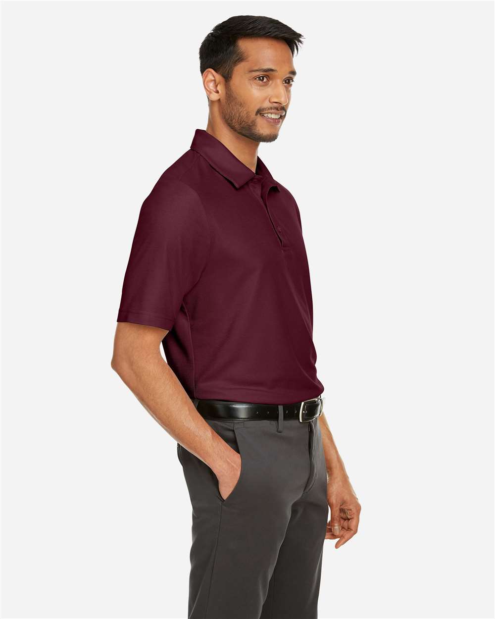 Men's Fusion ChromaSoft™ Pique Polo - OnModelSide - B275A7533 - Burgundy