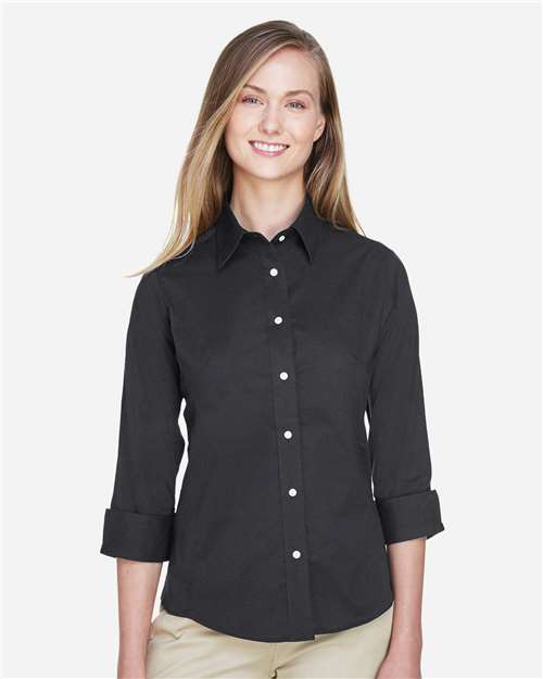 Women's Perfect Fit™ Three-Quarter Sleeve Stretch Poplin Dress Shirt - OnModelFront - B733B2504 - Black