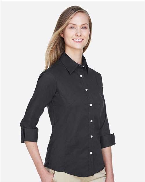 Women's Perfect Fit™ Three-Quarter Sleeve Stretch Poplin Dress Shirt - OnModelSide - B733B2504 - Black