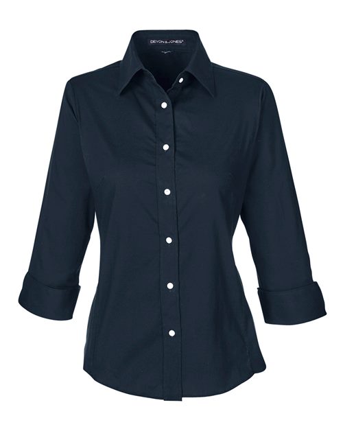 Women's Perfect Fit™ Three-Quarter Sleeve Stretch Poplin Dress Shirt - Front - B733B2655 - Navy