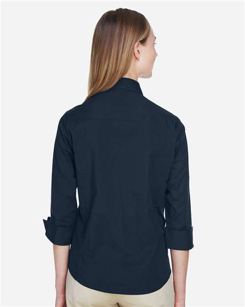 Women's Perfect Fit™ Three-Quarter Sleeve Stretch Poplin Dress Shirt - OnModelBack - B733B2655 - Navy